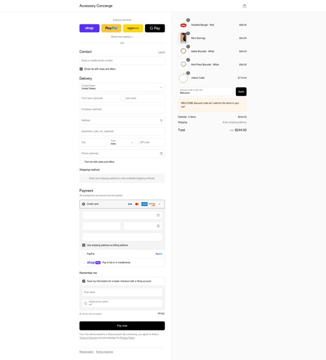 Accessory Concierge checkout page showing Accessory Concierge promo code box | Screenshot taken by SimplyCodes community member on Aug 13, 2025