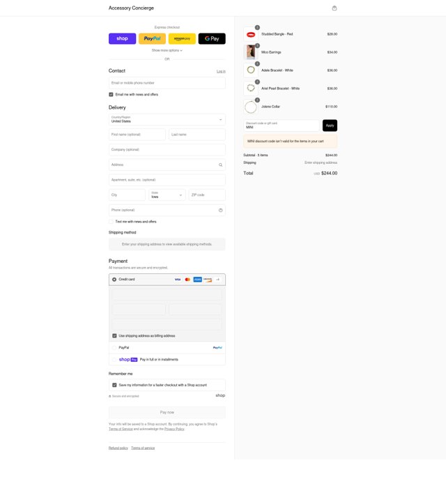 Accessory Concierge checkout page showing Accessory Concierge promo code box | Screenshot taken by SimplyCodes community member on Aug 13, 2025