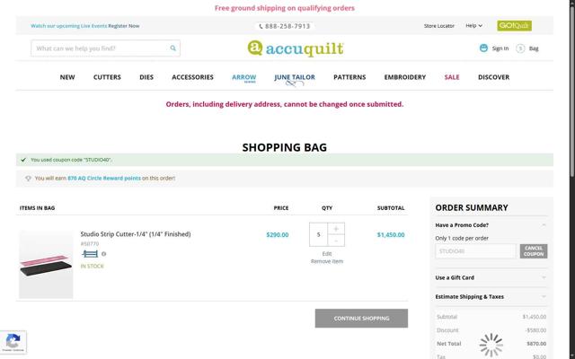 AccuQuilt checkout page showing AccuQuilt coupon code box | Screenshot taken by SimplyCodes community member on Aug 6, 2025
