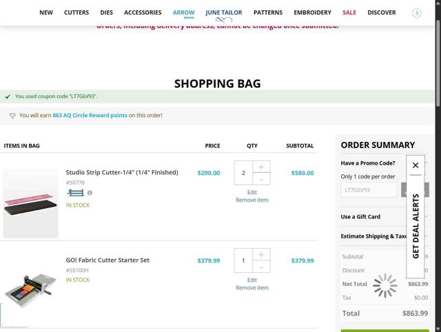 AccuQuilt checkout page showing AccuQuilt coupon code box | Screenshot taken by SimplyCodes community member on Sep 9, 2025