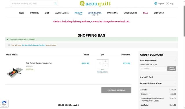 AccuQuilt checkout page showing AccuQuilt coupon code box | Screenshot taken by SimplyCodes community member on Jun 19, 2025