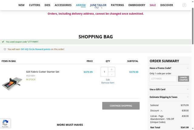 AccuQuilt checkout page showing AccuQuilt coupon code box | Screenshot taken by SimplyCodes community member on Jun 19, 2025