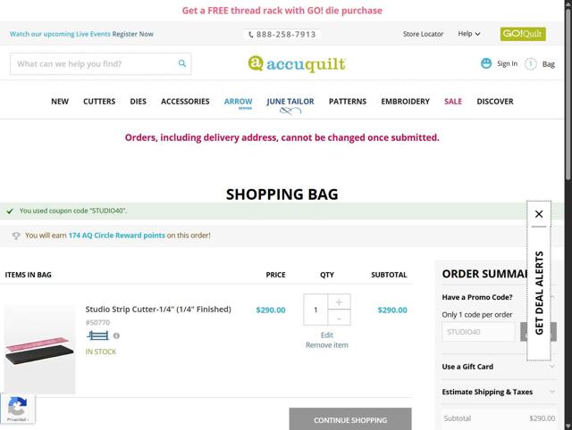 AccuQuilt checkout page showing AccuQuilt coupon code box | Screenshot taken by SimplyCodes community member on Sep 4, 2025