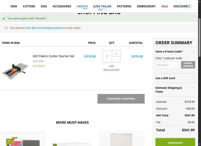 AccuQuilt checkout page showing AccuQuilt coupon code box | Screenshot taken by SimplyCodes community member on Jun 19, 2025