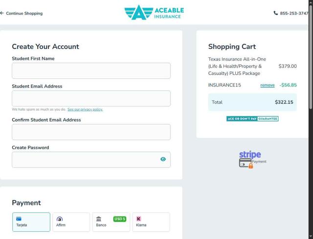 Aceable checkout page showing Aceable promo code box | Screenshot taken by SimplyCodes community member on Aug 29, 2025