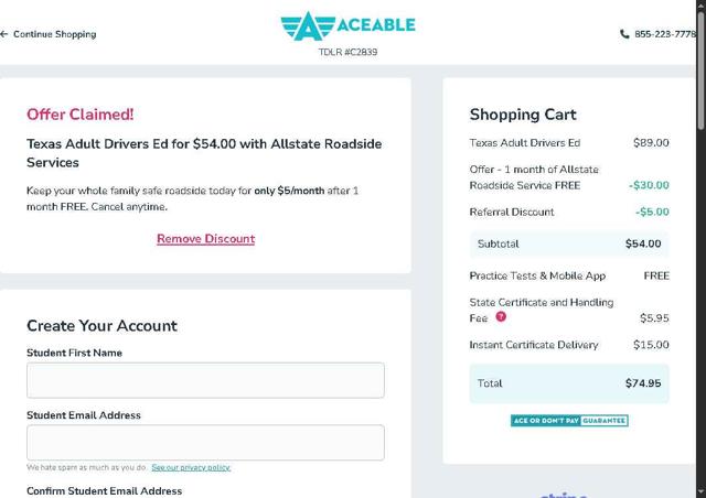 Aceable checkout page showing Aceable promo code box | Screenshot taken by SimplyCodes community member on Sep 6, 2025