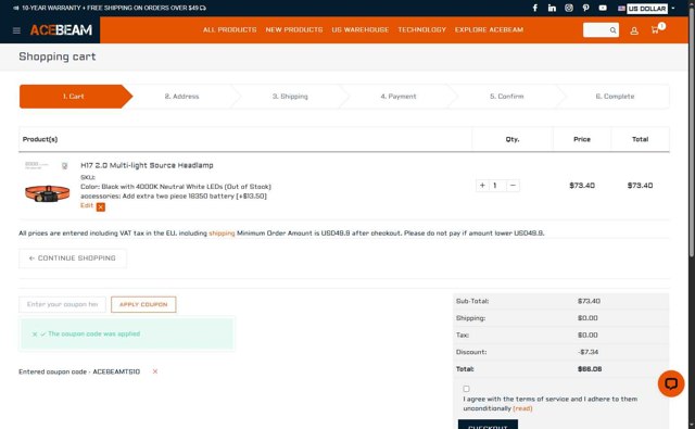 Acebeam checkout page showing Acebeam coupon code box | Screenshot taken by SimplyCodes community member on Aug 19, 2025