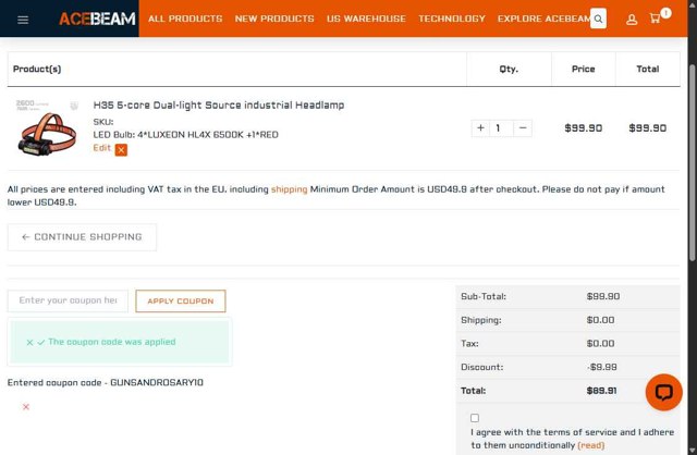 Acebeam checkout page showing Acebeam coupon code box | Screenshot taken by SimplyCodes community member on Aug 7, 2025