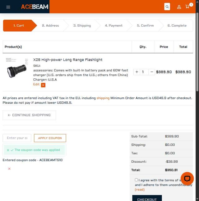 Acebeam checkout page showing Acebeam coupon code box | Screenshot taken by SimplyCodes community member on Aug 29, 2025