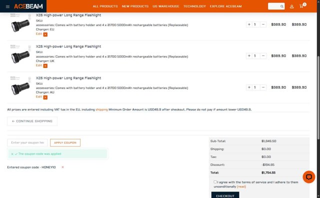 Acebeam checkout page showing Acebeam coupon code box | Screenshot taken by SimplyCodes community member on Aug 29, 2025