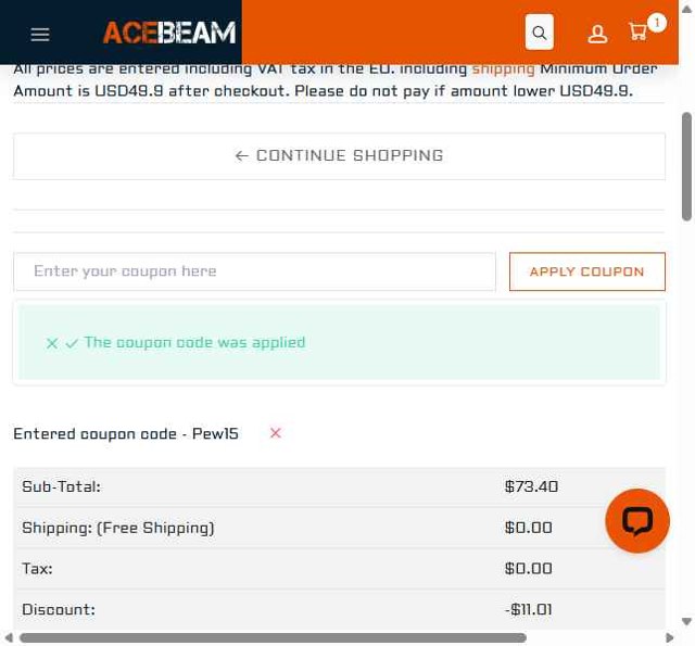Acebeam checkout page showing Acebeam coupon code box | Screenshot taken by SimplyCodes community member on Aug 9, 2025
