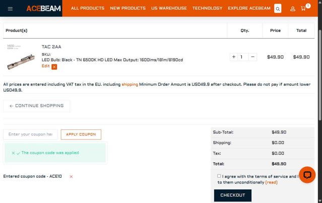 Acebeam checkout page showing Acebeam coupon code box | Screenshot taken by SimplyCodes community member on Aug 22, 2025