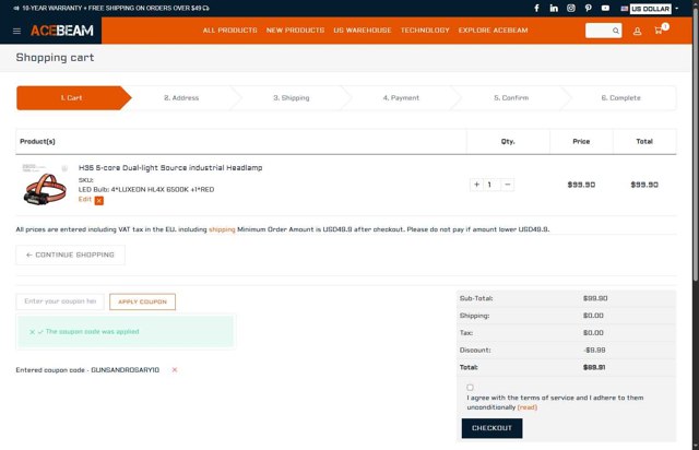 Acebeam checkout page showing Acebeam coupon code box | Screenshot taken by SimplyCodes community member on Aug 7, 2025