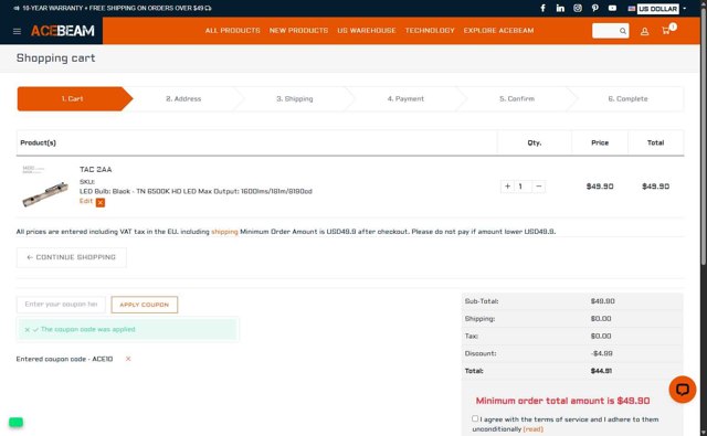 Acebeam checkout page showing Acebeam coupon code box | Screenshot taken by SimplyCodes community member on Sep 2, 2025