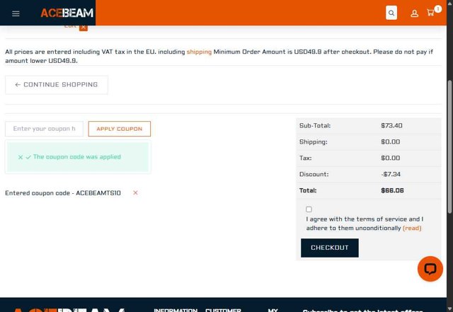 Acebeam checkout page showing Acebeam coupon code box | Screenshot taken by SimplyCodes community member on Aug 8, 2025