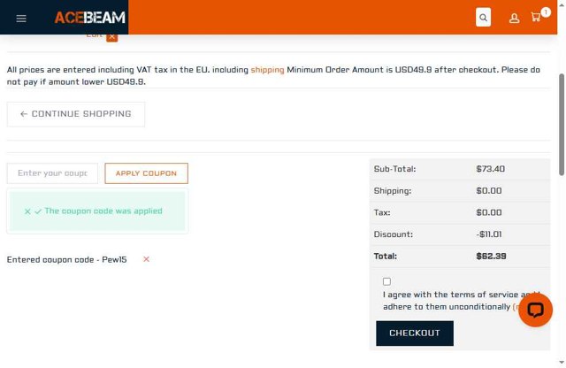 Acebeam checkout page showing Acebeam coupon code box | Screenshot taken by SimplyCodes community member on Aug 19, 2025