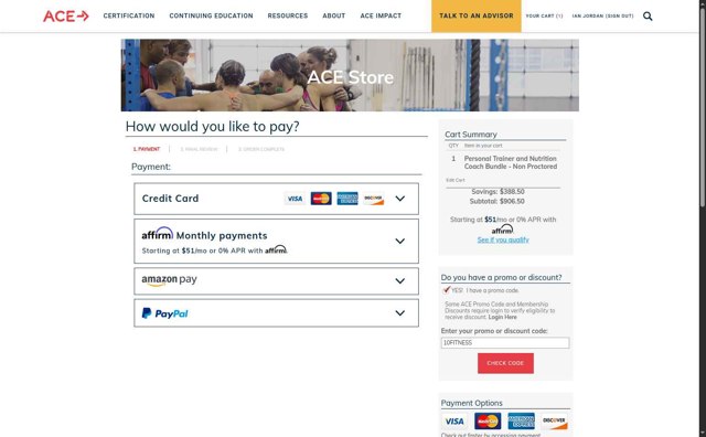 ACE Fitness checkout page showing ACE Fitness promo code box | Screenshot taken by SimplyCodes community member on Jun 15, 2025