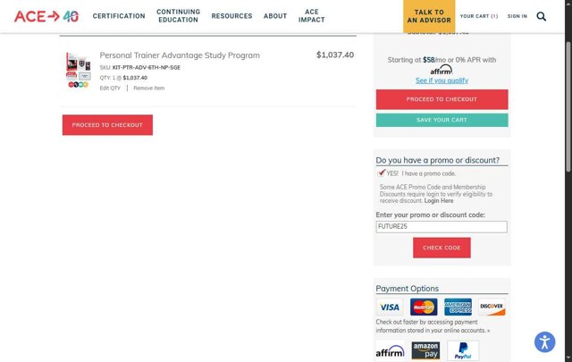 ACE Fitness checkout page showing ACE Fitness promo code box | Screenshot taken by SimplyCodes community member on Aug 25, 2025