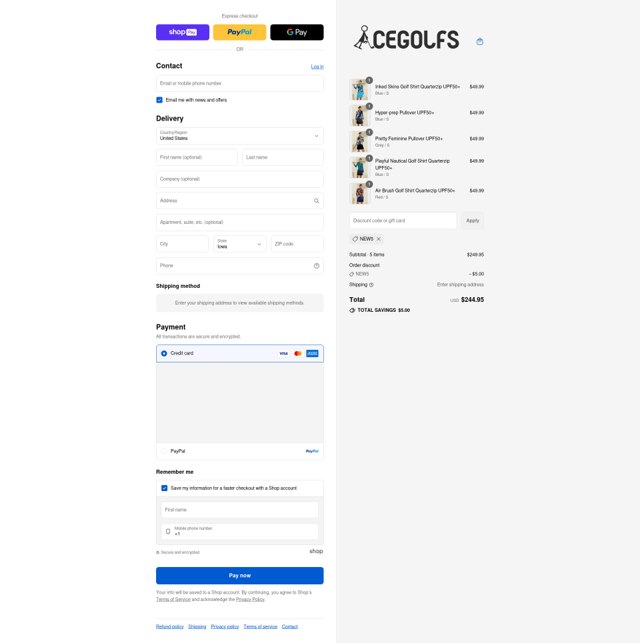 Acegolfs checkout page showing Acegolfs coupon code box | Screenshot taken by SimplyCodes community member on Aug 25, 2025