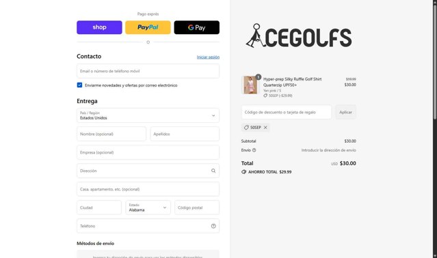 Acegolfs checkout page showing Acegolfs coupon code box | Screenshot taken by SimplyCodes community member on Sep 7, 2025
