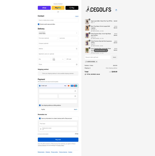 Acegolfs checkout page showing Acegolfs coupon code box | Screenshot taken by SimplyCodes community member on Sep 7, 2025