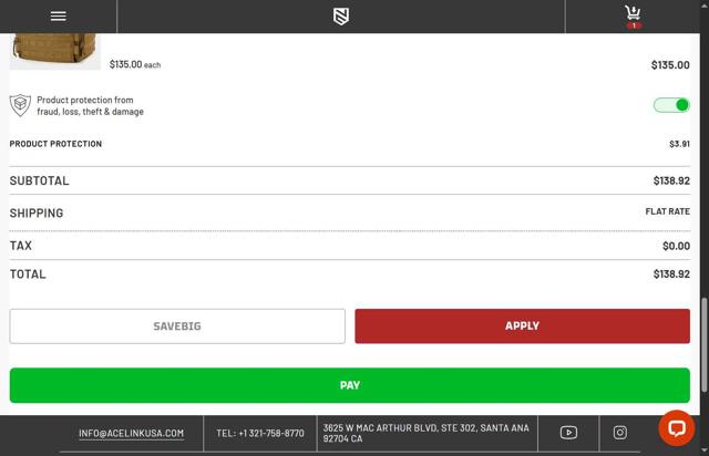 Ace Link Armor checkout page showing Ace Link Armor coupon code box | Screenshot taken by SimplyCodes community member on Jun 20, 2025