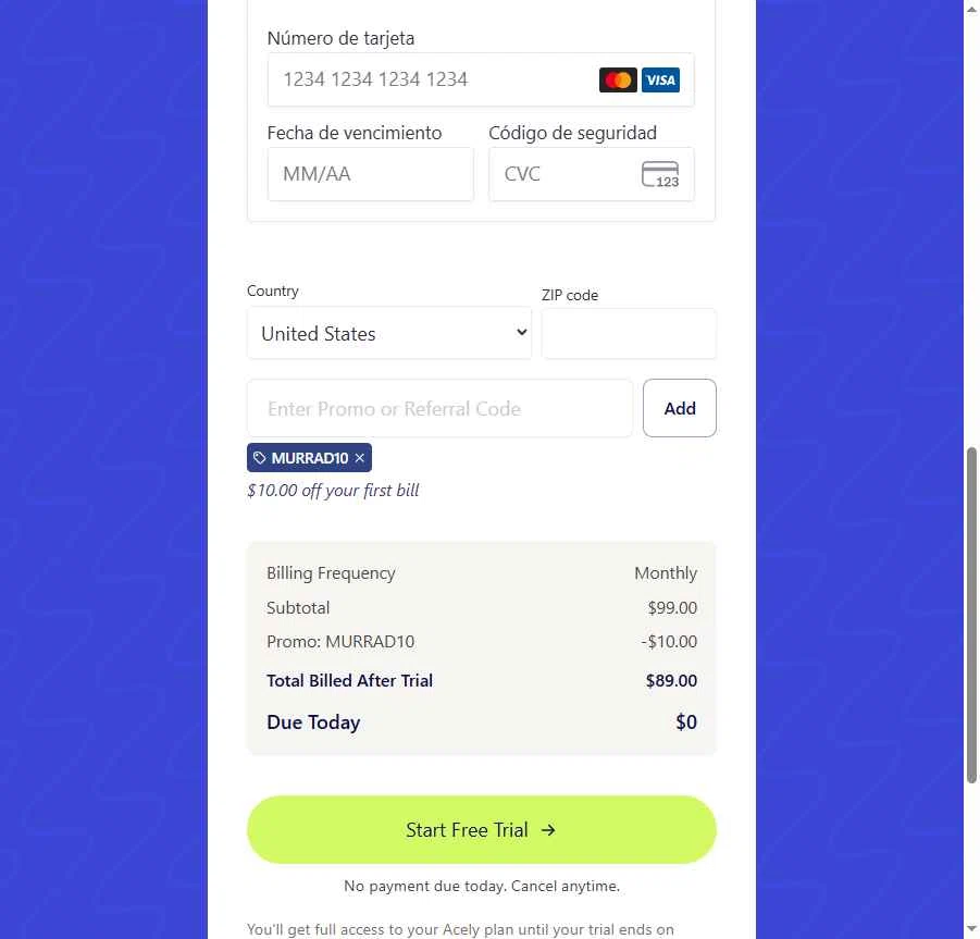 Acely.ai checkout page showing Acely.ai promo code box | Screenshot taken by SimplyCodes community member on Jan 4, 2026