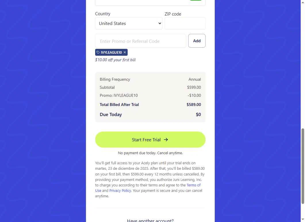 Acely.ai checkout page showing Acely.ai promo code box | Screenshot taken by SimplyCodes community member on Dec 20, 2025