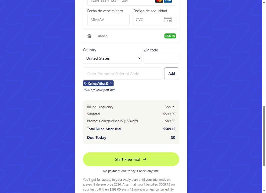 Acely.ai checkout page showing Acely.ai promo code box | Screenshot taken by SimplyCodes community member on Jan 5, 2026