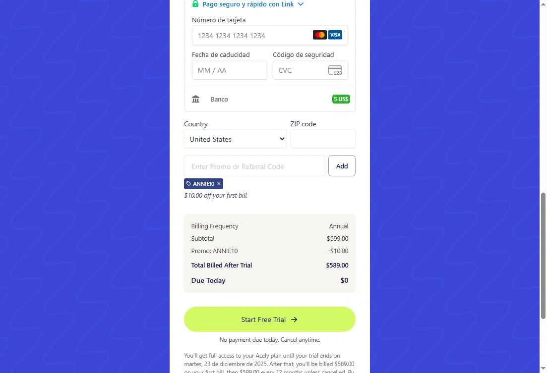 Acely.ai checkout page showing Acely.ai promo code box | Screenshot taken by SimplyCodes community member on Dec 20, 2025