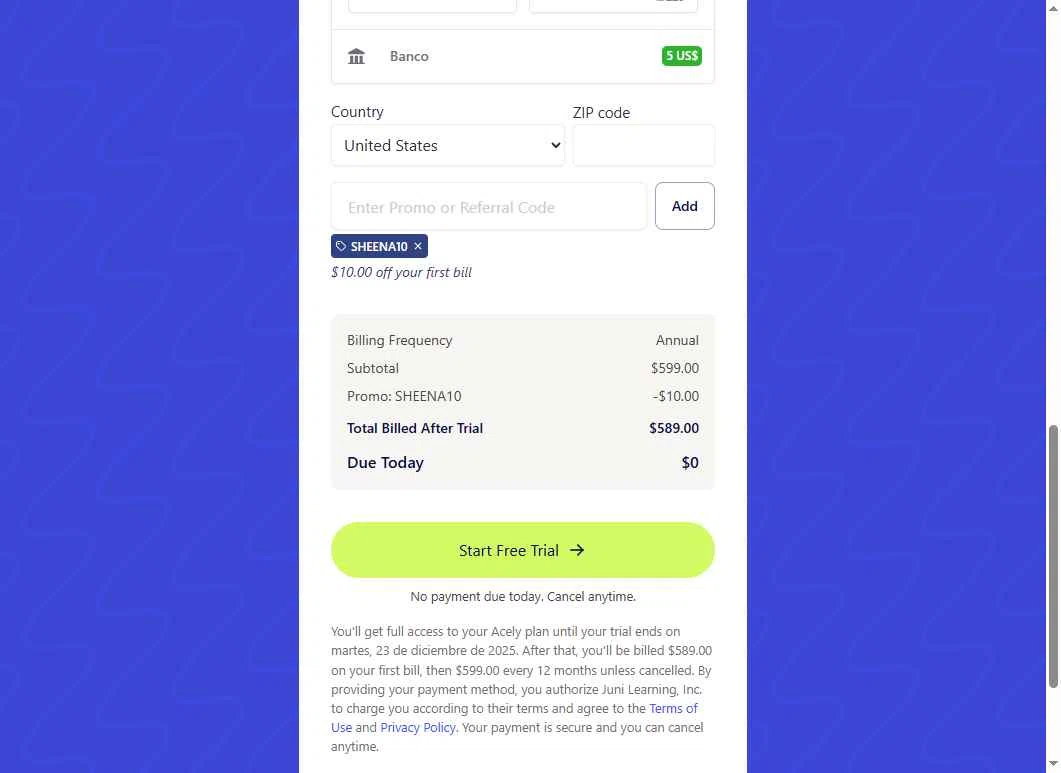 Acely.ai checkout page showing Acely.ai promo code box | Screenshot taken by SimplyCodes community member on Dec 20, 2025