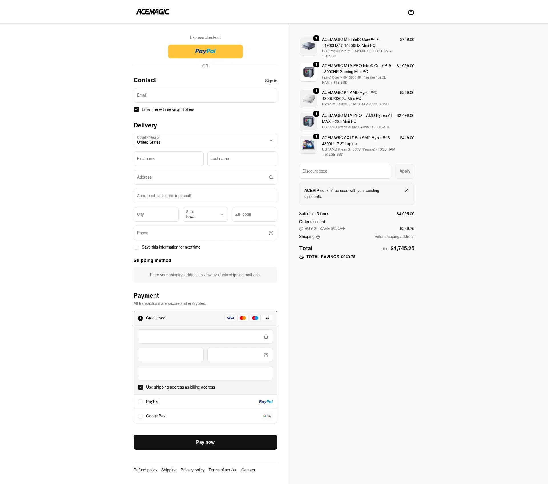 ACEMAGIC checkout page showing ACEMAGIC coupon code box | Screenshot taken by SimplyCodes community member on Feb 9, 2026