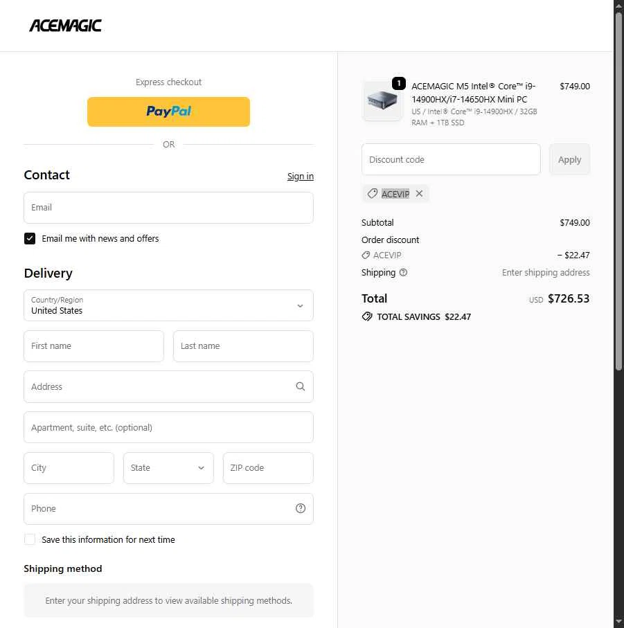 ACEMAGIC checkout page showing ACEMAGIC coupon code box | Screenshot taken by SimplyCodes community member on Feb 13, 2026