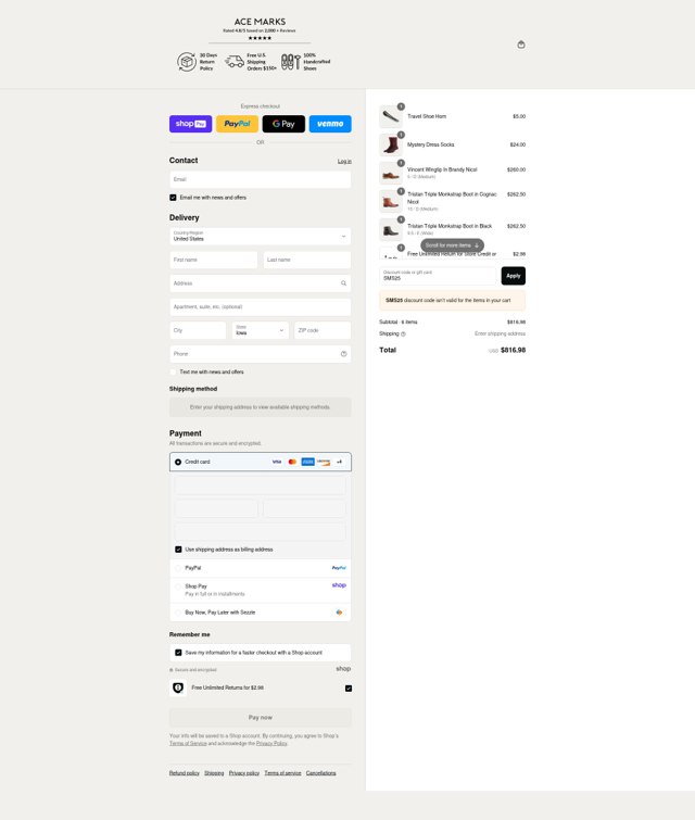 Ace Marks checkout page showing Ace Marks discount code box | Screenshot taken by SimplyCodes community member on Aug 17, 2025