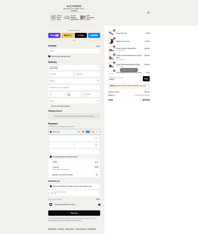 Ace Marks checkout page showing Ace Marks discount code box | Screenshot taken by SimplyCodes community member on Aug 22, 2025