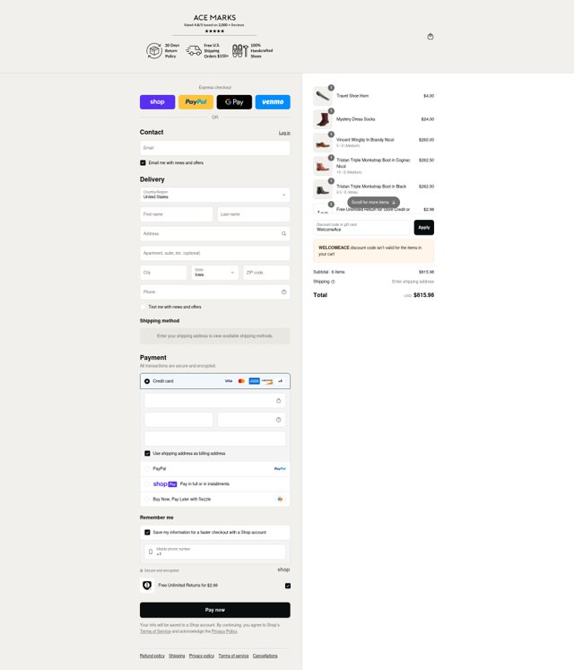 Ace Marks checkout page showing Ace Marks discount code box | Screenshot taken by SimplyCodes community member on Aug 12, 2025