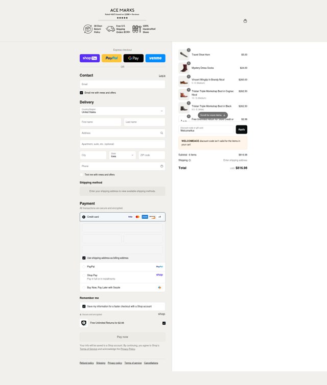 Ace Marks checkout page showing Ace Marks discount code box | Screenshot taken by SimplyCodes community member on Aug 26, 2025