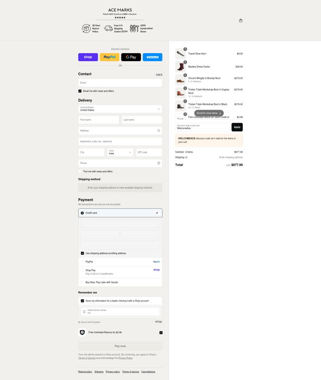 Ace Marks checkout page showing Ace Marks discount code box | Screenshot taken by SimplyCodes community member on Sep 8, 2025