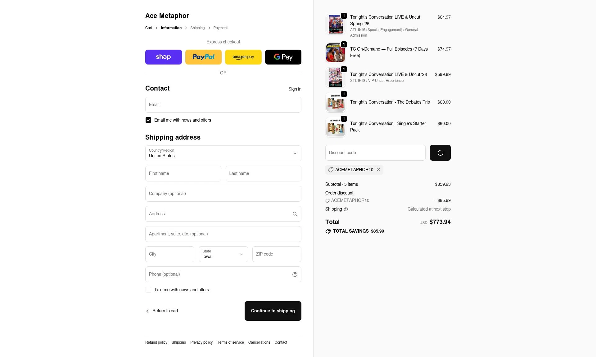 Ace Metaphor checkout page showing Ace Metaphor promo code box | Screenshot taken by SimplyCodes community member on Feb 6, 2026