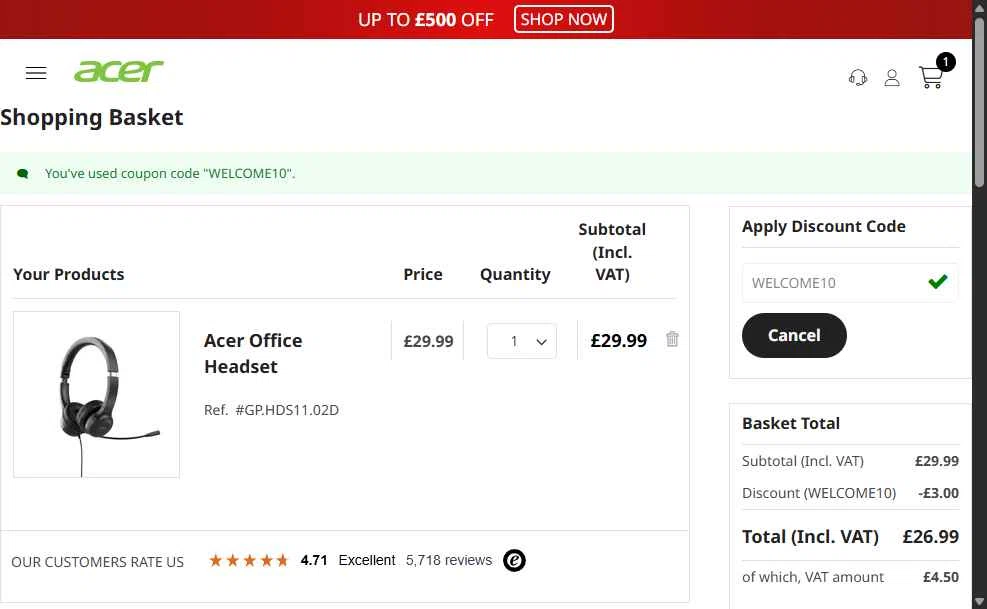 Acer checkout page showing Acer promo code box | Screenshot taken by SimplyCodes community member on Dec 30, 2025