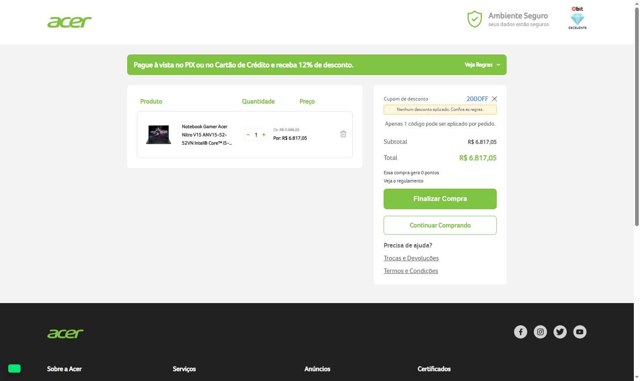 Acer checkout page showing Acer promo code box | Screenshot taken by SimplyCodes community member on Aug 28, 2025