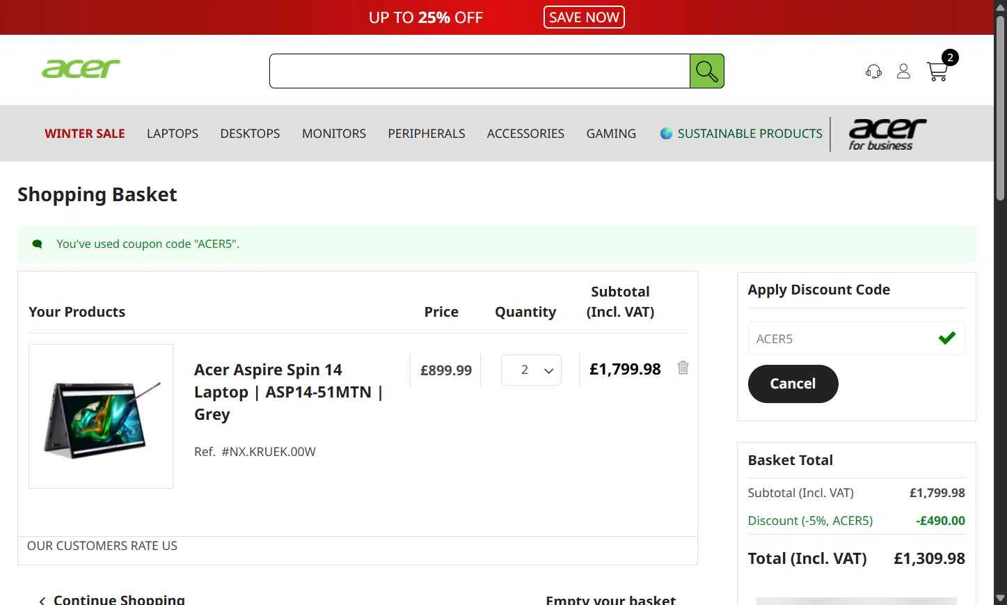 Acer checkout page showing Acer promo code box | Screenshot taken by SimplyCodes community member on Jan 9, 2026
