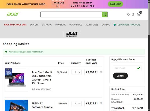 Acer checkout page showing Acer promo code box | Screenshot taken by SimplyCodes community member on Aug 23, 2025