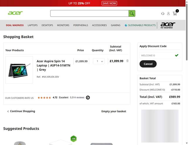 Acer checkout page showing Acer promo code box | Screenshot taken by SimplyCodes community member on Sep 17, 2025