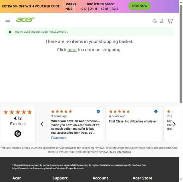 Acer checkout page showing Acer promo code box | Screenshot taken by SimplyCodes community member on Aug 25, 2025