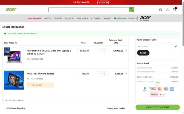 Acer checkout page showing Acer promo code box | Screenshot taken by SimplyCodes community member on Sep 17, 2025