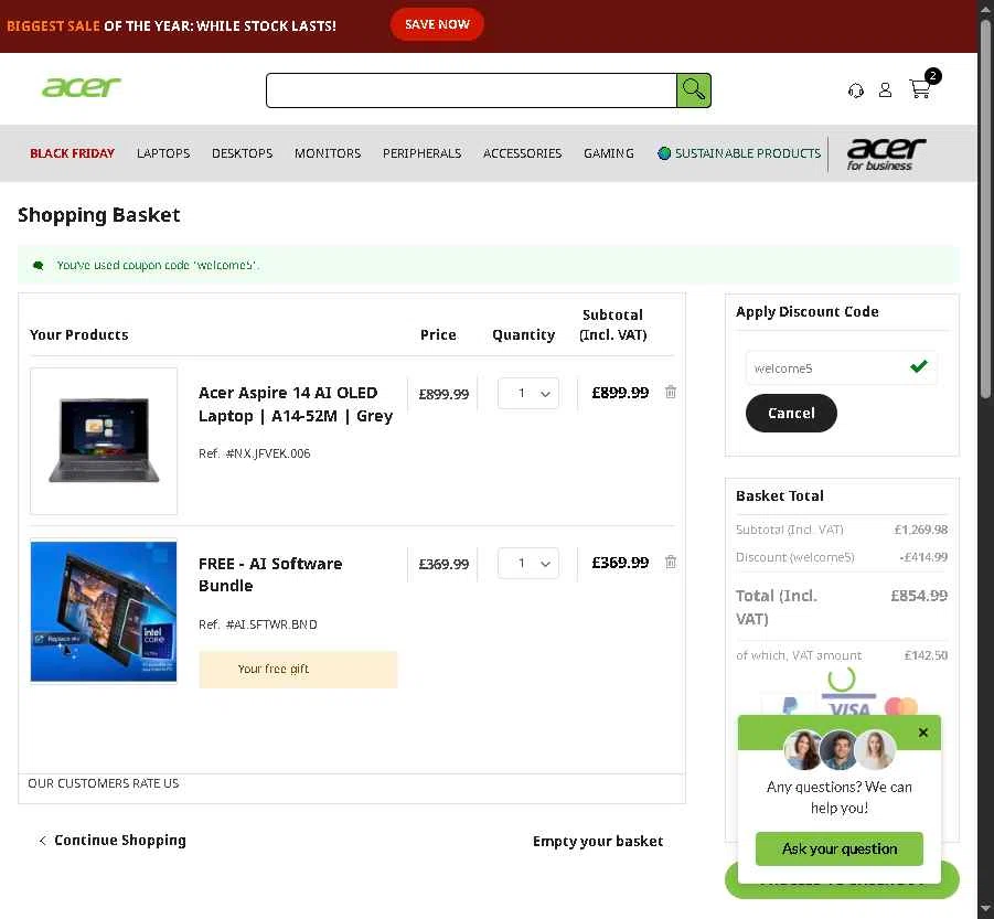 Acer checkout page showing Acer promo code box | Screenshot taken by SimplyCodes community member on Nov 27, 2025