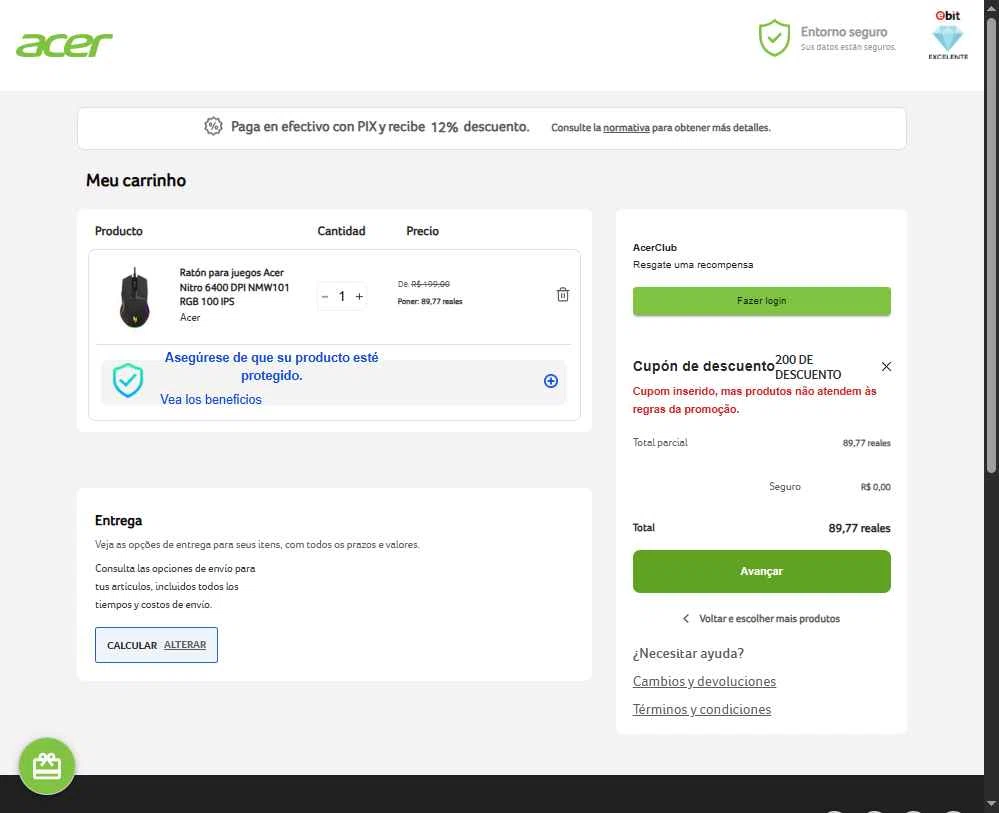 Acer checkout page showing Acer promo code box | Screenshot taken by SimplyCodes community member on Jan 7, 2026