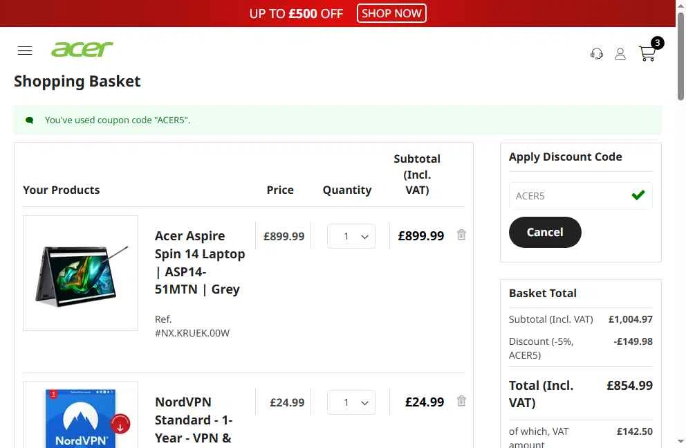 Acer checkout page showing Acer promo code box | Screenshot taken by SimplyCodes community member on Dec 3, 2025