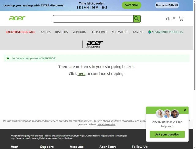 Acer checkout page showing Acer promo code box | Screenshot taken by SimplyCodes community member on Sep 1, 2025